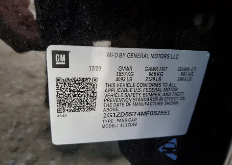 2021 Chevrolet Malibu Lt z USA, uszkodzony, nr VIN 1G1ZD5ST4MF052551